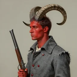 profile portrait handsome young man with narrow face and crimson skin, large curved black and white striped ibex horns on a head, tattered slate - gray collared coat with red buttons, old musket in right hand, painted by cushart krentz and greg rutkowski, elegant, morandi color scheme, 8 k resolution, octane render, commission art