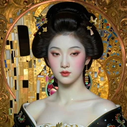 face centered portrait, artwork by james jean, hyperdetailed realistic smooth polished porcelain, beautiful chinese empress, jean delville, art nouveau, gustav klimt, ornate copper patina gothic icon, james jean, ultrasharp hyperdetailed photorealistic octane render