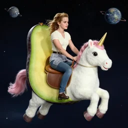 emma watson as an avocado chair riding a unicorn in space