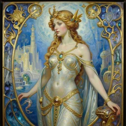 hyperrealistic detailed high quality luxurious atlantis goddess in atlantis city in the style of michael hussar and rene lalique oil painting 3 / 4 portrait 8 k sharp focus