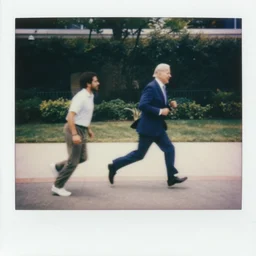 polaroid image of joe biden chasing after a man.