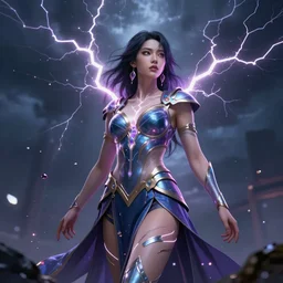 a beautiful female human god of thunderstorm character, character is in all its glory, character is centered on the image, character is staying in natural pose, rim lights, highly detailed professional photo, dynamic lights, particles and crystals are flying, very deep depth of field, trending on artstation, illustration, hyper realistic, vray caustics, super detailed, colorful accents, cinematic shot