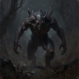 creature ramping towards you in the dark, concept art, oil painting