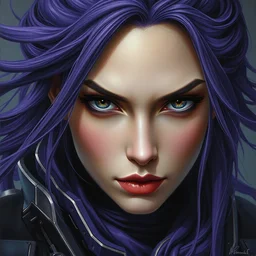 extreme close up portrait of a beautiful woman in mechanical amethyst armor, female, flowing purple hair tied in pleats, intense stare, stoic, concept art, intricate detail, volumetric shadows and lighting, realistic oil painting magic the gathering style, destiny, sci - fi,