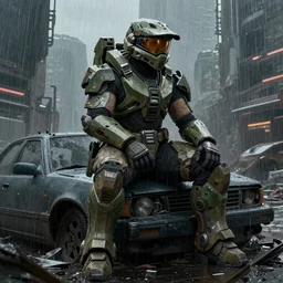 character portrait of a bulky woman in halo spartan armor sitting on top of a broken car in a desolate cyberpunk wasteland city, 8 k, realistic shading, concept art, digital painting, illustration, matte painting, moody lighting, sharp focus, minimal artifacts, wet, octane render, halo infinite, heavy rain, rainstorm