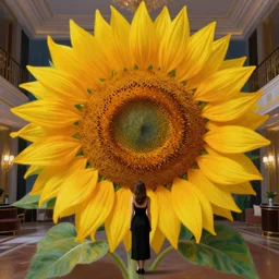 closeup, giant sunflower head, woman standing in a luxury apartment, surreal, dramatic light, impressionist painting, digital painting, artstation, georgia o'keeffe