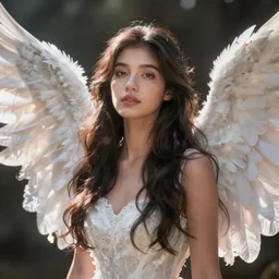 beautiful female angel, wings, Latina, asymmetrical face, ethereal volumetric light, sharp focus