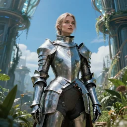 Portrait | female knight errant in a high tech botanical world with blue skies | style by greg rutkowski, vincent callebaut, dramatic light | high detail | cinematic lighting | pristine metals, glass, plants | solarpunk |
