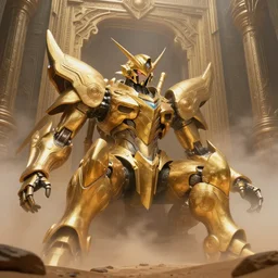 an anthropomorphic beautiful ultradetailed giant mecha burried in a desert, gold, mist, fog,, dungeon temple gate, lower view, fine art, award winning, intricate, elegant, sharp focus, octane render, hyperrealistic, cinematic lighting, highly detailed, digital painting, 8 k concept art, art by jamie hewlett and z. w. gu, masterpiece, trending on artstation, 8 k