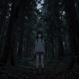 a anime catgirl caught on midnight trail cam, night, tall trees, morbid, uncanny, artstation