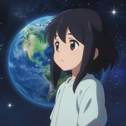 anime portrait of earth - chan!!! looking far away on space, sad!!! melancholy!!! art station, ( ( ( blurred, highly detailed, chibi ) ) ), illustration, mesmerizing, stars and galaxies, cinematic!!!,