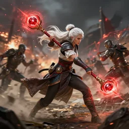 dragon age character wynne, 5 0 years old woman white long hair tied bun holding long staff red orb, shooting magic, middle of battle, war background, fighting, full body, epic, d and d, cinematic, dynamic lighting, concept art, rich color, bioware, by greg rutkowski