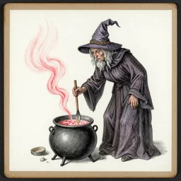 An old wrinkled witch stirring her cauldron. Red chalk on paper mounted on board.