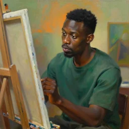 portrait of a black painter staring intently at his canvas, very thoughtful, yet playful, studio, highly detailed oil painting, by edward hopper, adrian ghenie, glenn brown, soft light 4 k, orange and green colour palette, cinematic composition, cinematic lighting, high quality octane render, masterpiece