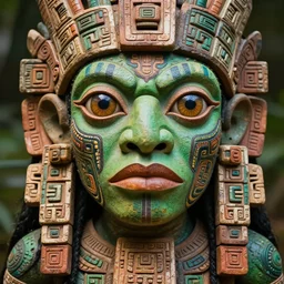 portrait photography of an mayan alien creature, ritualisic mayan psychedelic, wide gigant eyes, green skin, detailed face, clear eyes, clear mouth, aztec tatoos, mayan body painting, tenochtitlan, looking towards the camera. high details, demigod.