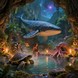 fantasy fairytale story, hybrid great leviathan, cybernetic turtle, cephalopod terrapin, reptilian pachyderm, raptor squid, magical universe, cozy, hot springs, cave, forest, candlelight, natural light, lush plants and flowers, mountains, luminous stellar sky, celestial fantasy, atmospheric lighting, hyper realistic, golden hour, jessica rossier, michael cheval, michael whelan, unreal engine