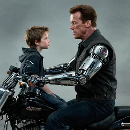 a rugged engineer schwarzenegger with cybernetic enhancements sitting with the young john connor on a harley davidson, terminator t 8 0 0, scifi character portrait by greg rutkowski, esuthio, craig mullins, 1 / 4 headshot, cinematic lighting, dystopian scifi gear, gloomy, profile picture, mechanical, half robot, implants, steampunk