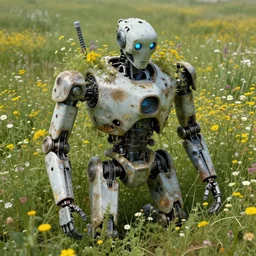 a hyperdetailed national geographic photo of an abandoned apocalyptic robot partially covered in overgrown wildflowers by jakub rozalski by moebius by rhads by roger dean by paul lehr