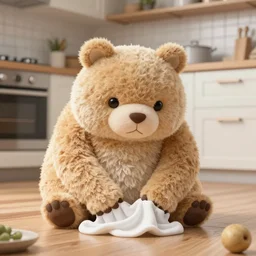 a fat stuffed animal that wipes the kitchen floor. Detailed digital art by greg rutkowski, Thomas kinkade, Keith Parkinson, artstation, cgsociety, deviantart, 8k, HD