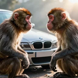 two macaques looking at each other next to them is a bmw e 4 6 vehicle, digital art, soft shadows, creepy art, sun flare