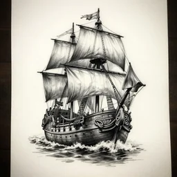 realism tattoo design sketch of a pirate ship, in the style of Sivak