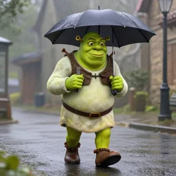 shrek walking on the street while holding an umbrella on a rainy day, 3 d render, realistic