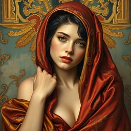 an intricate painting of an artistic pose beautiful young lady with an artistic pose, hyper - detailed, covered in fancy silk cloth with klimt motives, octane render, vivid colors, artstation, by jeremy mann, by alphonse mucha, by boris vallejo, by gustav klimt