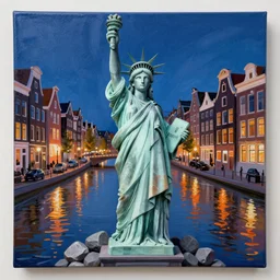 a very detailed acrylic painting of the statue of liberty being stoned and lost in the amsterdam canals surrounded by amsterdam houses at night with romantic city light ambiance and a starry sky painting by vincent van gogh but it is james jean