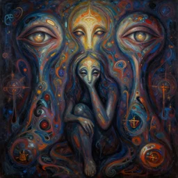 painful abstract surrealist forms by yvonne mcgillivray by mandy jurgens by michael divine, powerful eyes glowing highly detailed painting of deep sadness alone, spiritual abstract forms, expressive emotional sadness, symmetrical, trending on art station, abstract in emotional sadness expression, very very very beautiful, fantasy digital art, highly detailed patterned visionary art, magic symbols