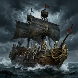a pirate ship with elaborate design driven by skeletons in the middle of a thunderstorm, dark souls inspired, elden ring inspired, octane render, rtx, unreal engine 5, digital painting, trending on artstation, highly detailed, epic composition, 8 k uhd