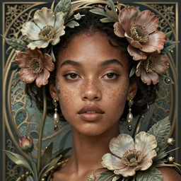 Hyperrealistic beautiful sexy ethereal dark skinned girl with freckles portrait, art nouveau, fantasy, intricate flower designs, elegant, highly detailed, sharp focus, art by Artgerm and Greg Rutkowski and WLOP