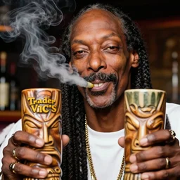 a closeup photorealistic photograph of happy stoned blunt smoking snoop dogg at trader vic's bar holding up a trader vic's style tiki mug featuring snoop dogg's face. tiki culture. lit scene. 4 k hd image that's trending on artstation, featured on behance, well rendered, extra crisp, features epic composition and the style of unreal engine.