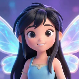 stunning 3d render of a fairy, anime like, portrait, happy face, black hair, electric color background, hd