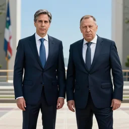 wide shot, Game screenshot of Anthony Blinken and Sergey Lavrov in Injustice game,realistic,8k