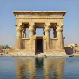 temple by the lake, ancient egypt, digital art, oil on canvas, painting by greg rutkowski