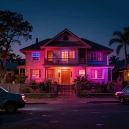 cybernetic neon lit ndebele homestead seen from the front, street scene in blade runner