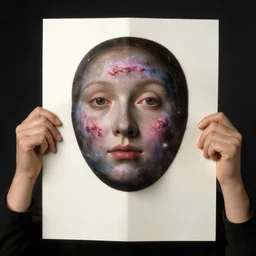 a woman, pulls paper off face, mask nebula, by jan van eyck,