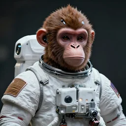 portrait holder of monkey android astronaut, with robotic parts on his face, rendering unreal engine 5, cinematography