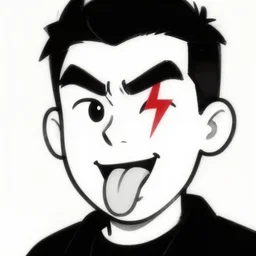 cartoon man in black and white, with tongue out, red lightning tattoo on left eye