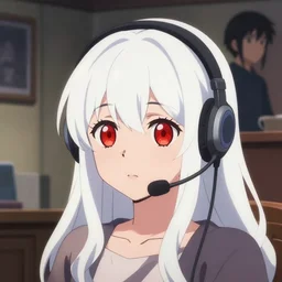 poster by ilya kuvshinov, yoh yoshinari, makoto shinkai, katsuhiro otomo, headshot, cinematic still, ambient lighting, cel shaded, anime visual of a cute girl, with red eyes!!!! and long white hair!!!! wearing a headset in her room interior.