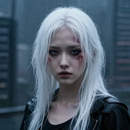 white haired girl, dark eye liner, scar, future, dystopian, rain, city scape