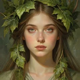 beautiful female druid, portrait, fantasy, young, correct eyes proportion, beautiful iris, detailed, intricate, leaves and simple cloth, global lighting, digital art, digital painting, artstation, wlop, sharp focus, illustration, art by artgerm and greg rutkowski and alphonse mucha, 8 k