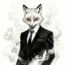 portrait of a demon void fox in black suit surrounded by smoke fumes, pen and ink, intricate line drawings, by craig mullins, ruan jia, kentaro miura, greg rutkowski