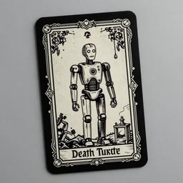 the death tarot card as an I Robot, black paper with ornate border frame, by mario feng, ray tracing, master shot, octane render, 8k, ultra hd, perfect light