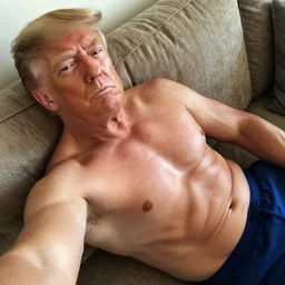 a selfie of a shirtless, muscular, handsome donald trump, laying seductively on a couch. photo taken on an iphone 1 2.