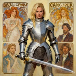 A painting of Gina Carano wearing  silver  armour  and holding a sword ,by Stanley Artgerm Lau, Greg Rutkowski, Thomas Kinade ,Alphonse Mucha, Loish, Norman Rockwell ,trending on artstation , rule of thirds, HD 4k