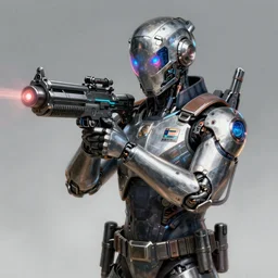 a portrait of a cybernetic police unit wielding a pulse rifle, scifi, smooth, intricate sci fi panels made of metal, elegant, highly detailed panel cuts, greeble detail, caustics and refraction, neon glowing eyes, digital painting, artstation, concept art, high tech fantasy, sharp focus, illustration, art by marco plouffe arstation and Riot Studios and Blizzard Studios