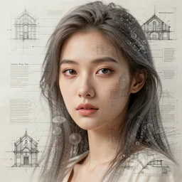 The face of a very beautiful goddess radiating an artwork made from layers of technical drawings and architectural plans, very detailed and intricate with callout texts, leaders, arrows and bubbles by James Jean and Ross Tran and WLOP , hyperrealism, subsurface scattering, octane render, bokeh, 8k,  xparticles