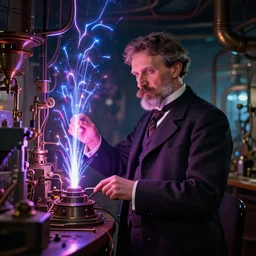 nikolai tesla in his lab, electrical arcs, neon glow, highly detailed, digital art, intricate, dramatic lighting, steampunk, neon colors, cinematic, art by artgerm, greg rutkowski, beksinski