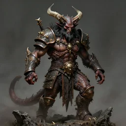 horned demon berserker in primitive hellish armor, demon, balrog, beksinski, wayne barlowe